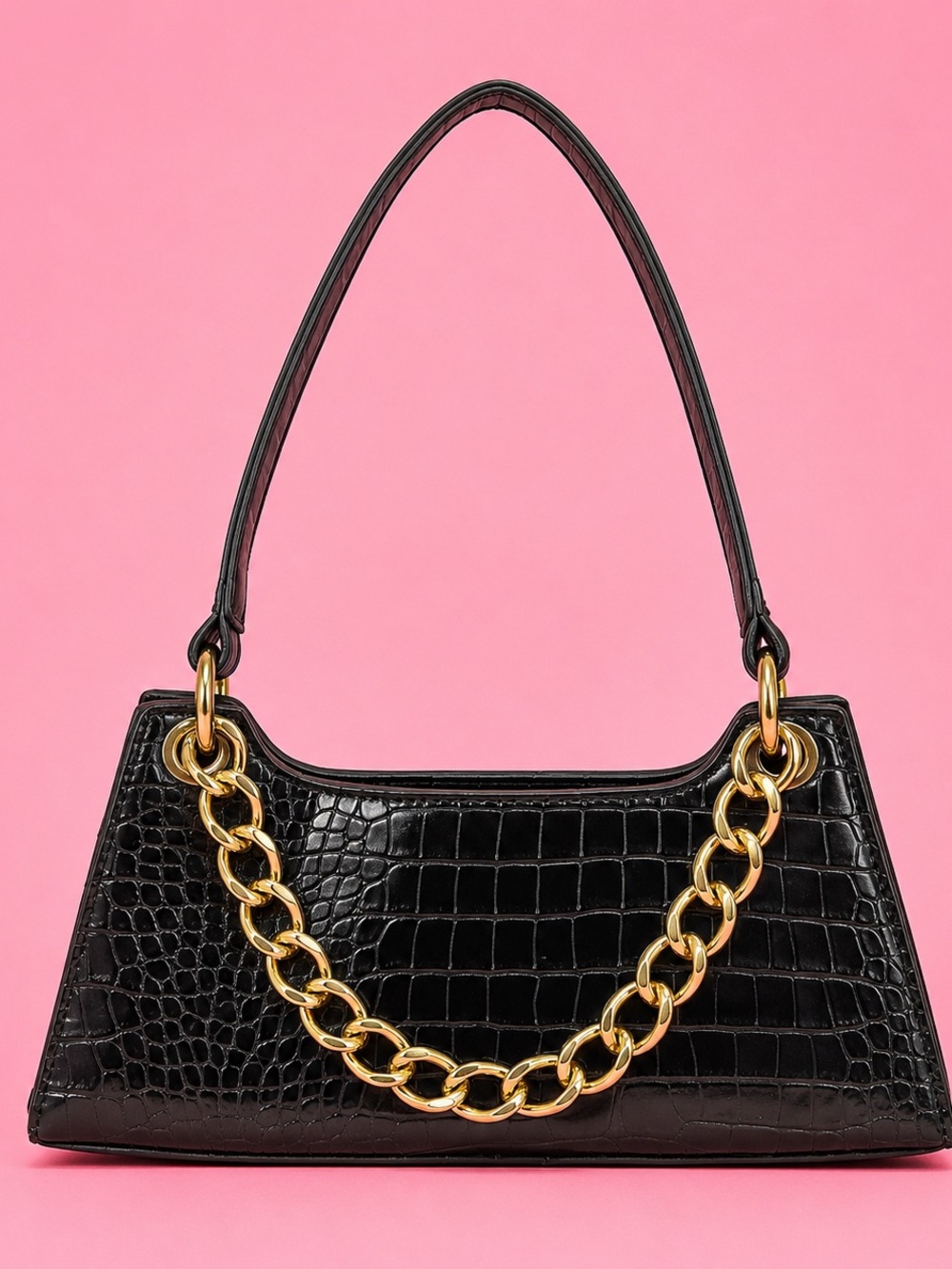 Black Croc-Embossed Shoulder Bag with Gold Chain